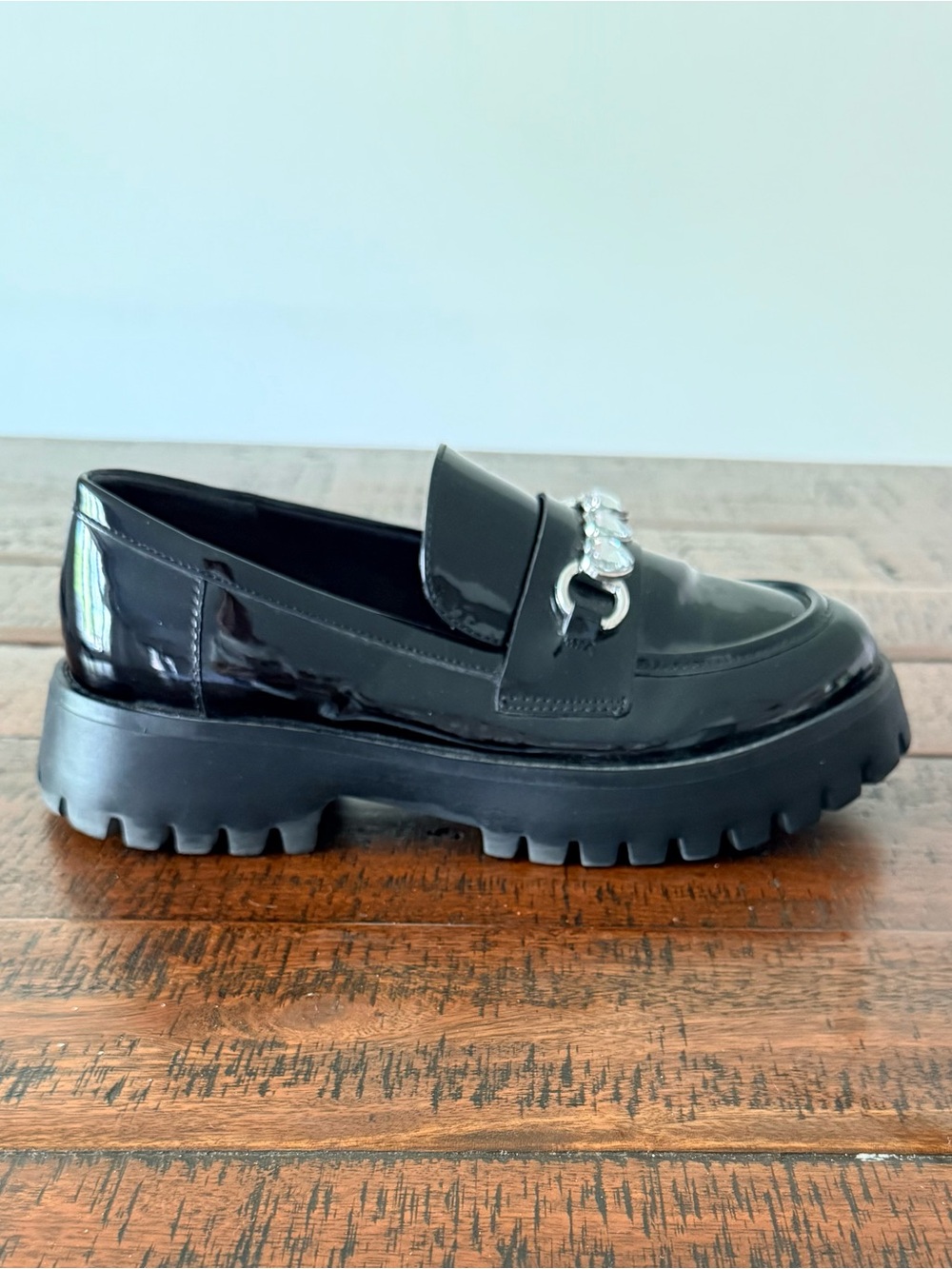 Call It Spring Black Patent Vegan Lug-Sole Loafer with Silver Rhinestones SZ.8.5 - Picture 2 of 8